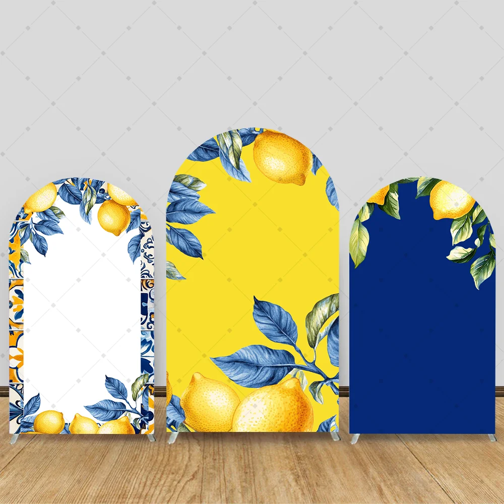 

Bridal Shower Arch Backdrop Photography Yellow Lemon White Blue Tile Backdrop Decor Kid Baby Birthday Photobooth Studio
