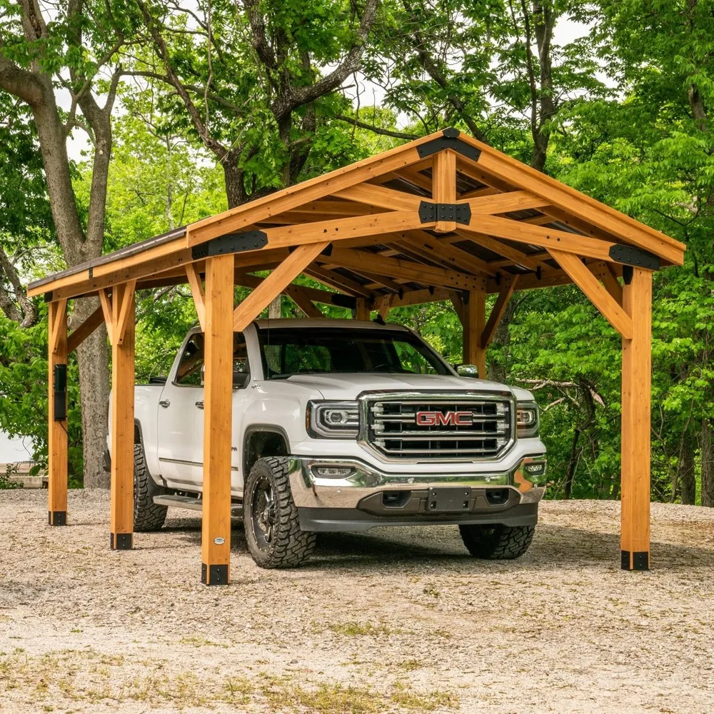 

Norwood 20 ft. x 12 ft. All Cedar Wooden Carport Pavilion Gazebo with Hard Top Steel Roof Light Brown