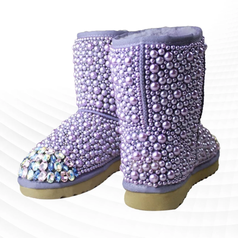 Middle cylinder purple fur one custom all-pearl rhindiamone female warm cotton shoes large size 35-44