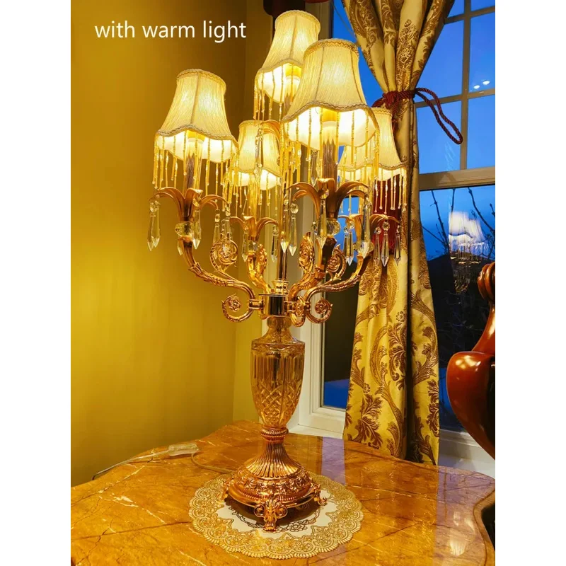 Large Hotel Project Crystal Table Light Gold Led Candle Holders Party Candelabro E14 Down Cloth Shade Desk Lamp Office Lighting