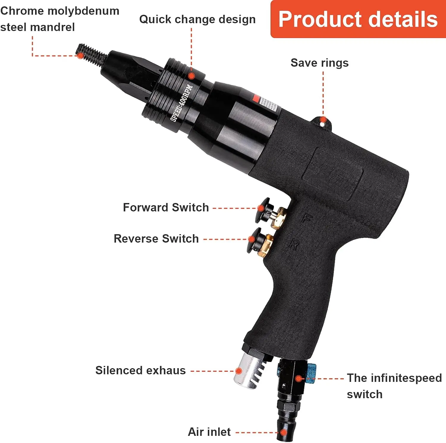 Pistola de porca de rebite com cabeça de travamento automático 10-24 e 1/4 e 5/16 e 3/8, pistola de rebite de ar de velocidade ajustável, kit de ferramentas de porca de rebite de ar com 4 tamanhos