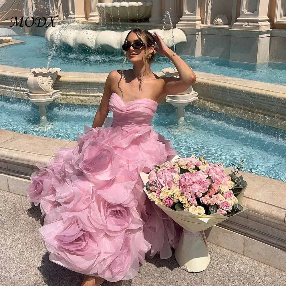 

MODX Custom Sweetheart 3D Rose Ball Gown Women Pink Tulle Layered Strapless Long Dress for Birthday Red Carpet Shoot