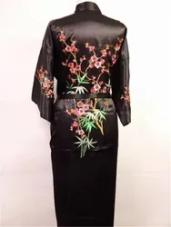 Bata bordada de seda satinada para mujer china negra, bata de baño tipo kimono, talla de flores S M L XL XXL XXXL W3S002