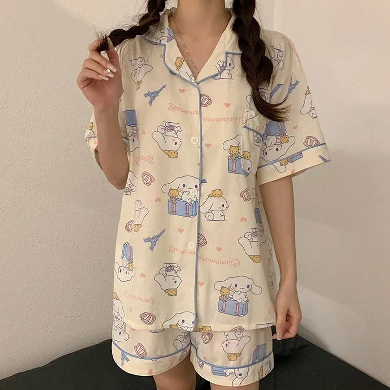 Sanrio Hello Kitty Cinnamoroll Pajamas New Summer T Shirt Shorts 2Pcs Homewear Kawaii Casual Polyester Soft Women Sleepwear Set