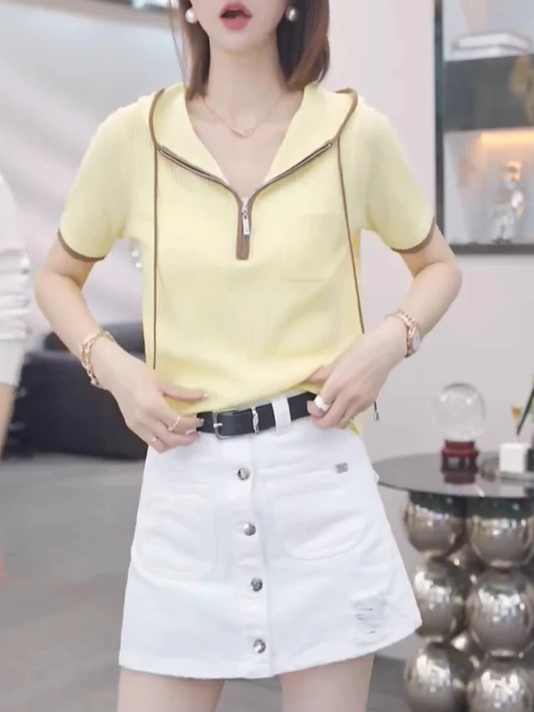 

Casual Commute Faionable Hooded T-irt Zipper Design ort Sve Overhead Base irt Anti-Aging Women's Top Silk Material