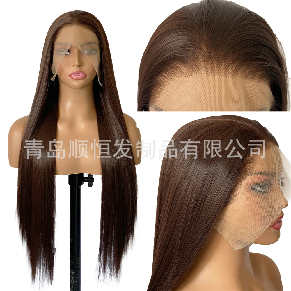 

European and American wig, brown long straight hair, front lace headband, natural simulated hairline, daily women's style