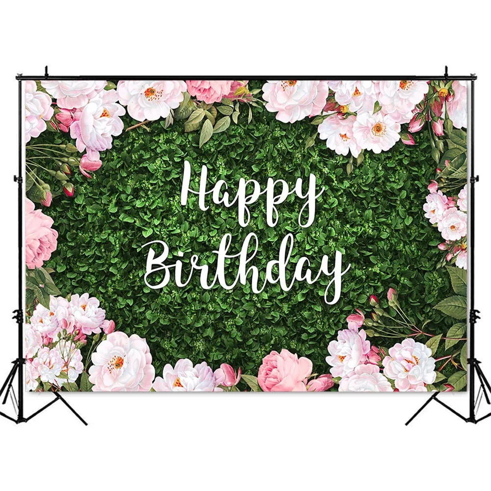 Happy Birthday Floral Photocall Backdrop Pink Flowers Sweet Girls Women Background for Party Decorations Wallpaper Backdrops