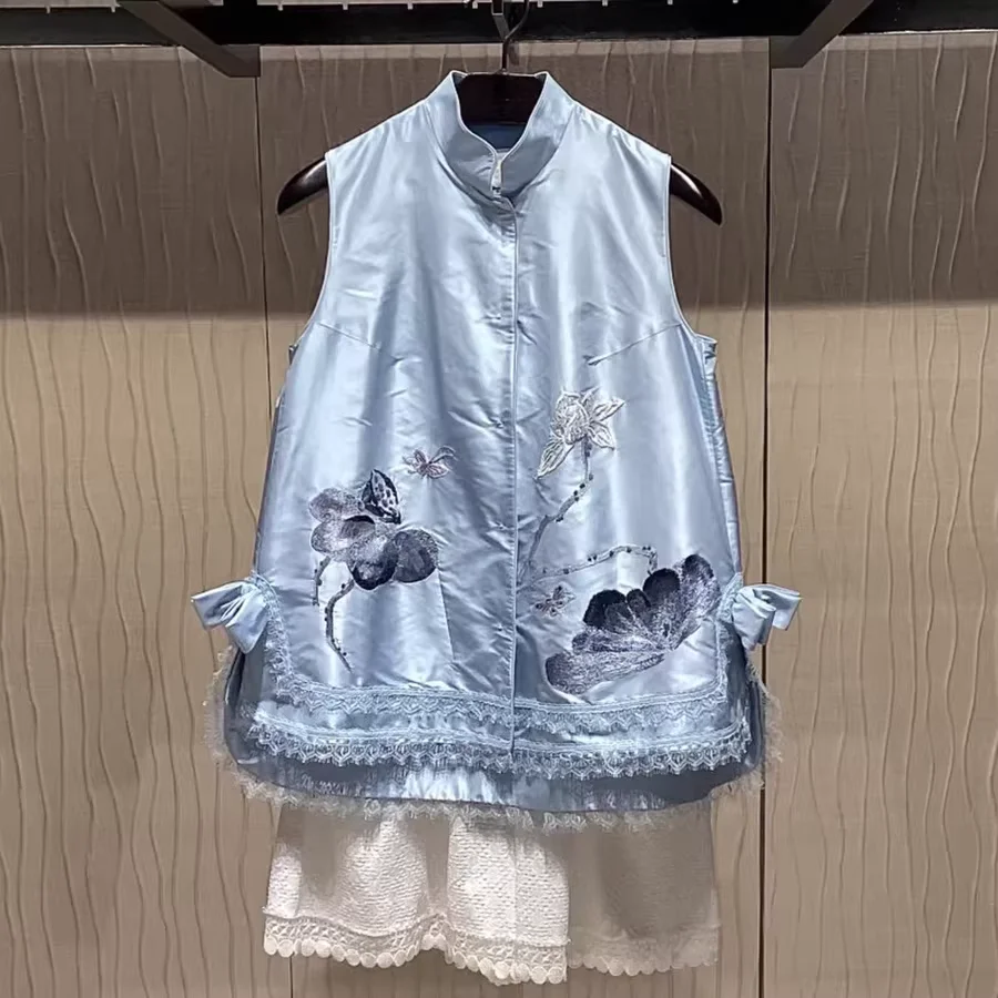 

2026 Summer Chinese Style Clothes Fashion Women's Blue Vest Elegant Ladies Silk Embroidered Sleeveless Jacket