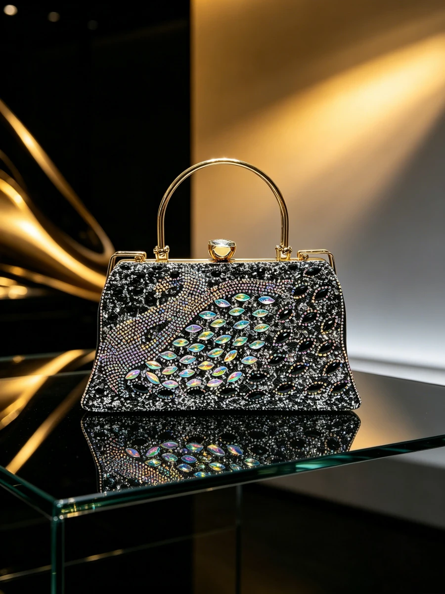 2026 Black Base Gradient Iridescent Marquise Rhinestone Metal Handle Rectangle Clutch Women Elegant Evening Handbag For Banquet