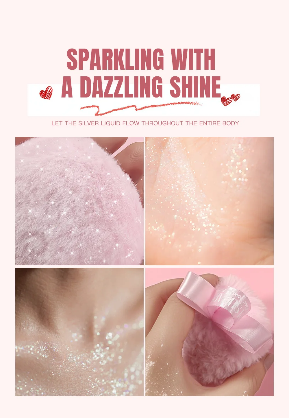 Pink Peach Shining Powder High Glitter Makeup For Face Body Collarbone Highlighting With Soft Puff Multi Use Cosmetic