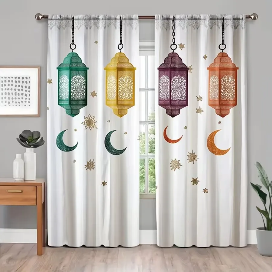 2 PCS Four Color Moon Curtains, Ramadan Festival Style Window Drapes for Living Room Bedroom Home Decor Polyester Rod Pocket