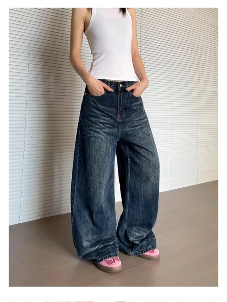 

Women's Retro Blue Straight Baggy Jeans Street Moustache Effect Vintage Trousers Girl Bottoms Female Wide-leg High Waist Pants
