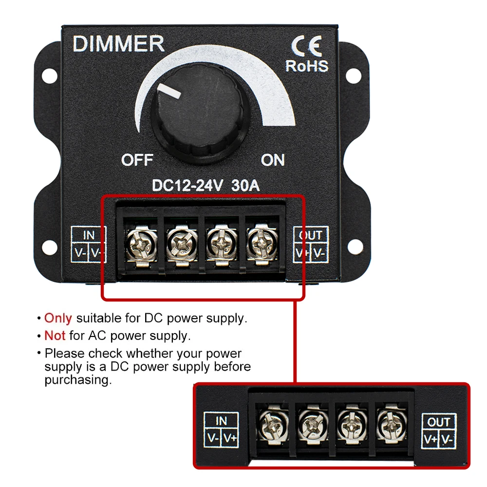 Rotary Dimmer Adjustable Brightness LED Lamp Bulb Strip Driver Single Color Light Power Supply Controller 30A DC 12V 24V 360W