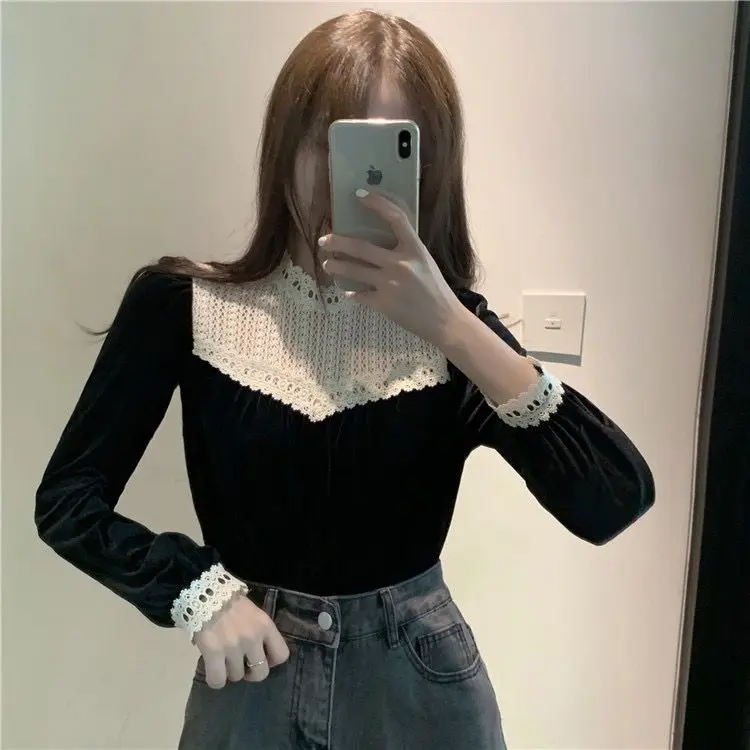 Lace Stand Up Collar Patchwork Gold Velvet Womenwith a Niche DesignNew Autumn and Winter Styleswith a Trendy Western Style Tops