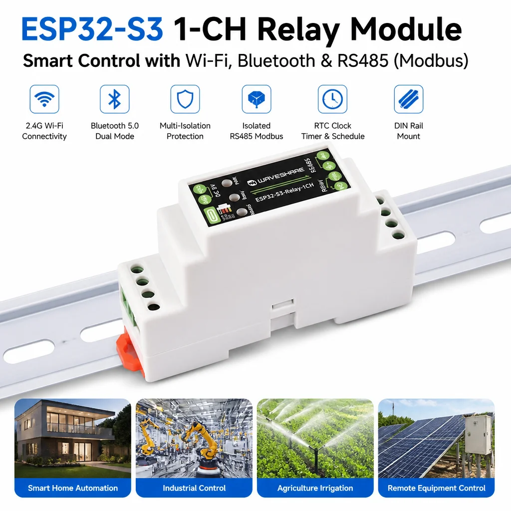 Waveshare ESP32-S3 1CH Relay Module with WiFi Bluetooth RS485 Industrial DIN Rail Isolated Protection Modbus IoT Controller
