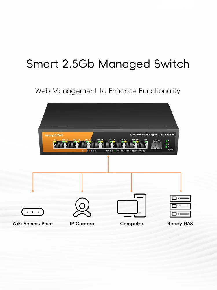 KeepLiNK 9-Port Multi-Gigabit Managed Switch with 8-PoE 2.5Gb and 1-SFP+ 10Gb Uplink