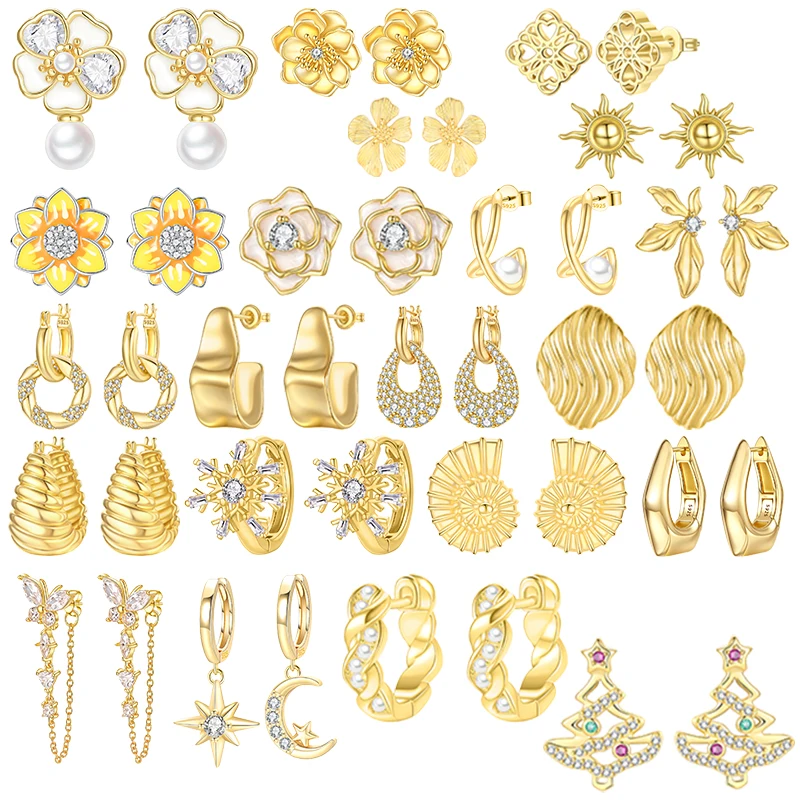 

925 Sterling Silver Golden Flower Hoop Earring Irregular Geometry Star Ear Wedding Jewelry Zircon Stone Earrings for Women