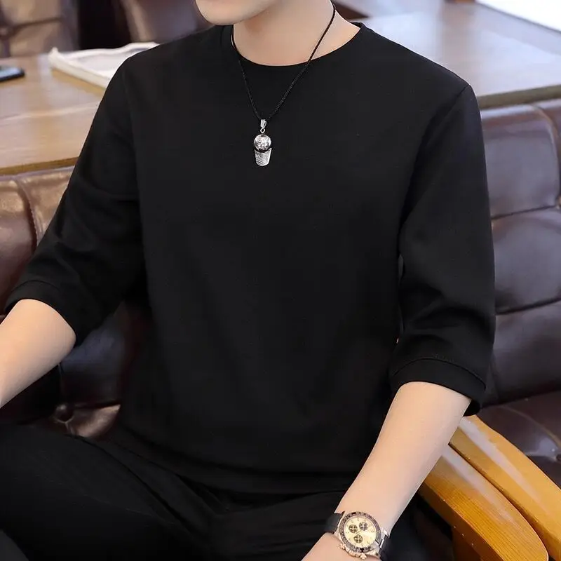 Loose Spring Summer Thin Round Neck Simplicity T-Shirts Casual Handsome Three Quarter Sleeve Solid Color Printing Men's Clothing