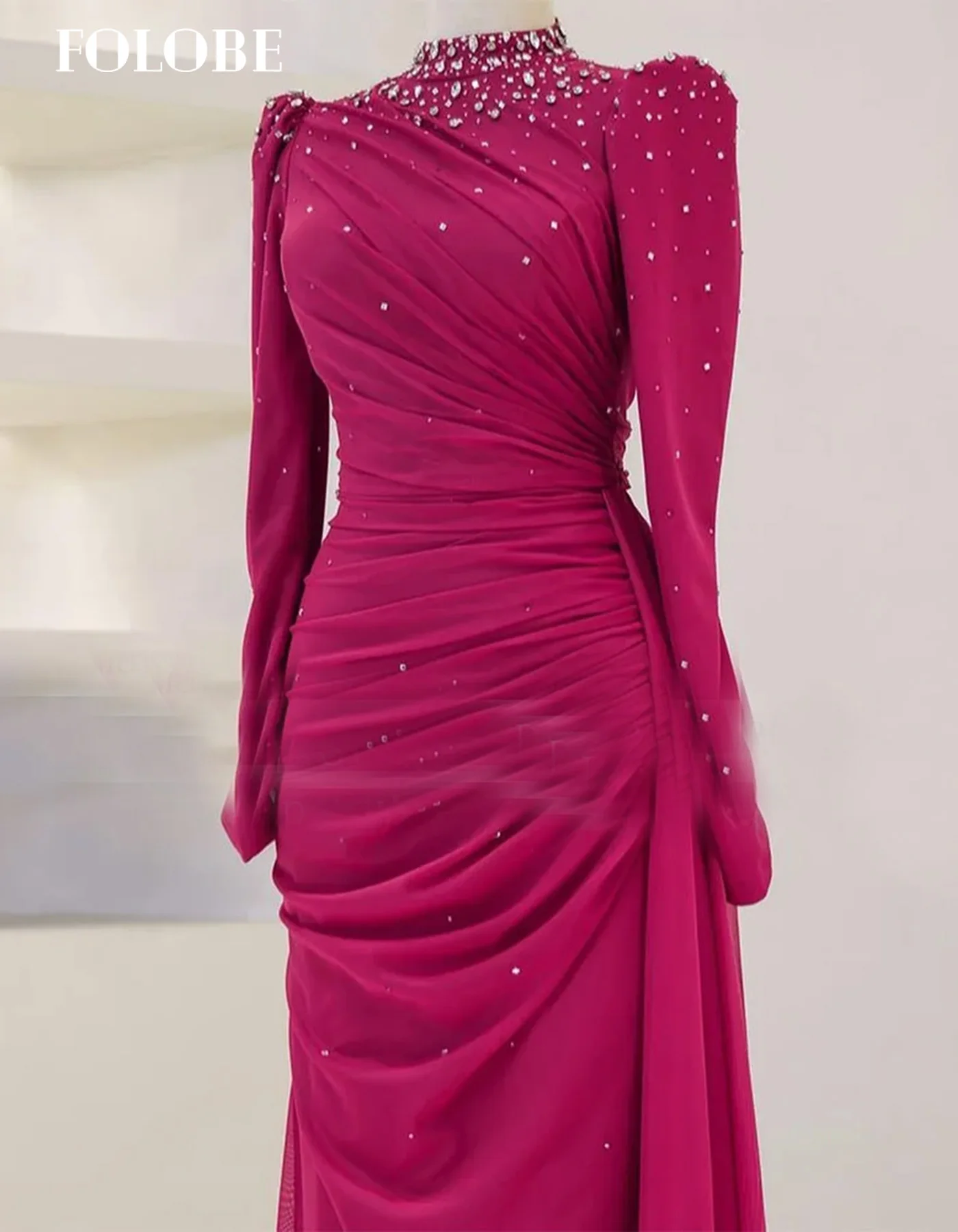 فستان سهرة من FOLOBE فوشيا بكريستال وأكمام طويلة ورقبة عالية فساتين سهرة متواضعة للنساء فستان زفاف مخصص