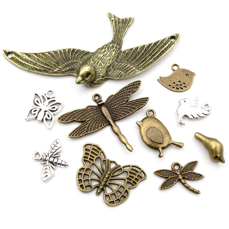 Antyczne srebro pozłacane brąz Plated ważka motyl ptak Handmade zawieszki Charms DIY dla bransoletka naszyjnik