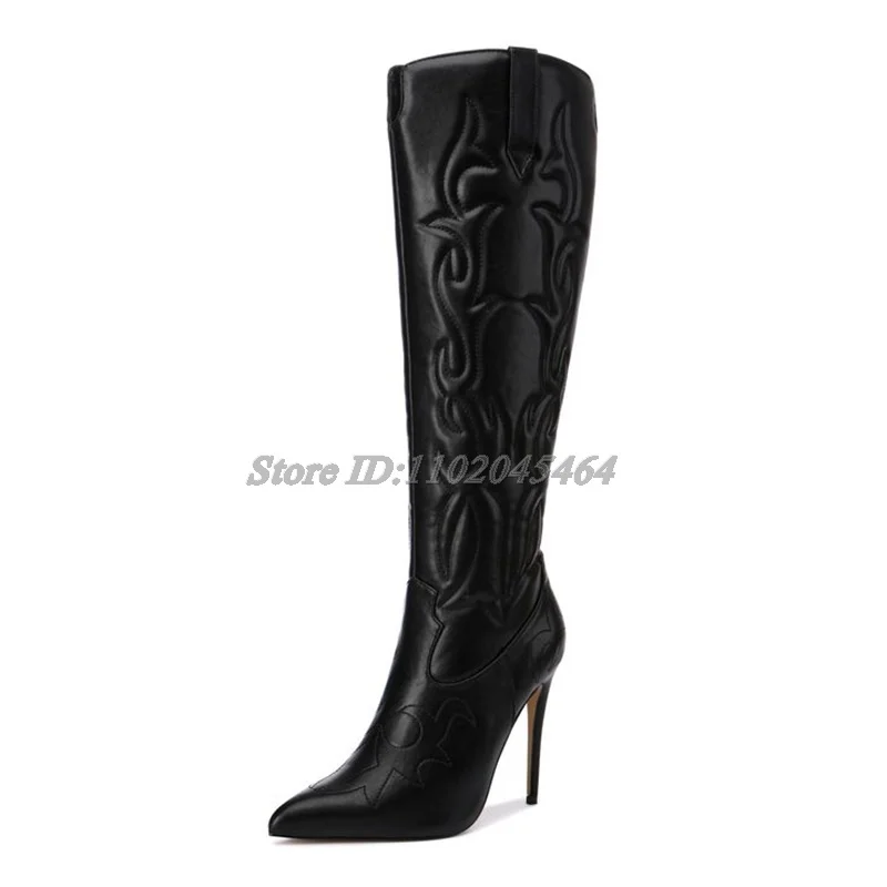 White/Black Embroidery Sexy Knee High Boots Women\'s Patent Leather Pointed Toe High Heels Zip Long Boot Luxury Designer Shoes