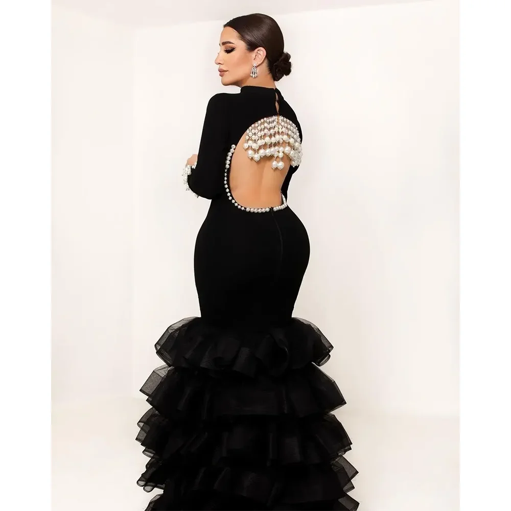 Black Mermaid Prom Banquet Dress High Neck Women Formal Party Gown Custom Slim Elegant Cocktail Guest Dress Черное платье-Русалк