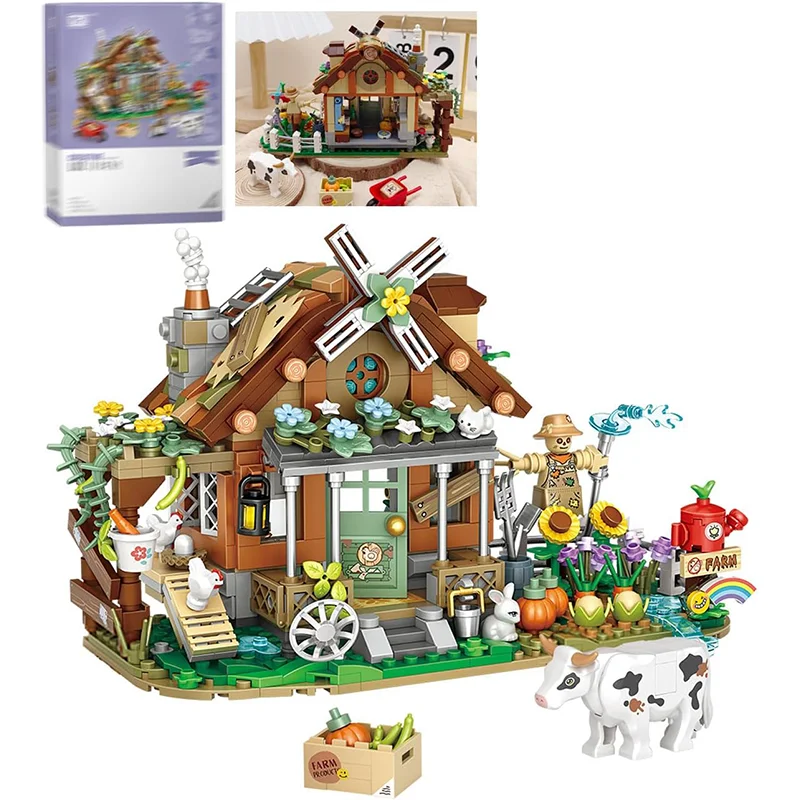 899PCS Mini Blokken Boerderij Bouwset Leuke Landelijke Huisje met Windmolen Dierenbeeldjes Volwassen Collectible Toy Gift
