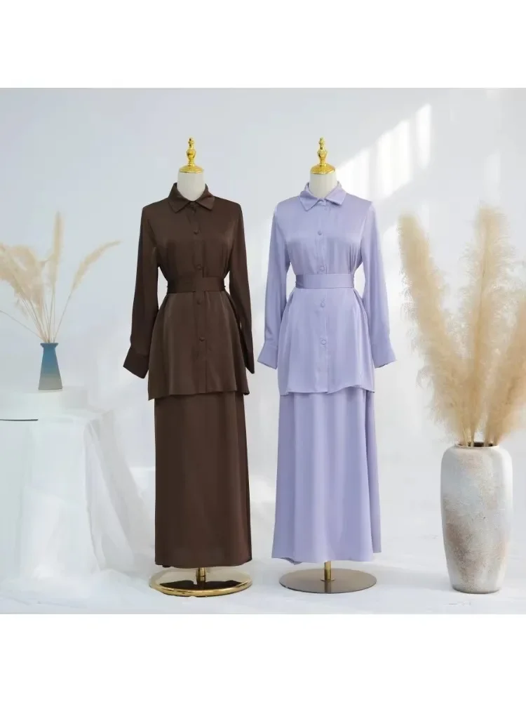 

2 Piece Muslim Set Modest Abayas Robe Suit Women Muslim Sets Eid Abaya Set Tops Skirt Caftan Marocain Femme Musulmane Kaftan Set