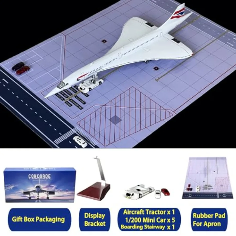 British model airplane display for aviation enthusiasts, ABS plastic, matte gray, 19 inches long with LED lights and airport sc
