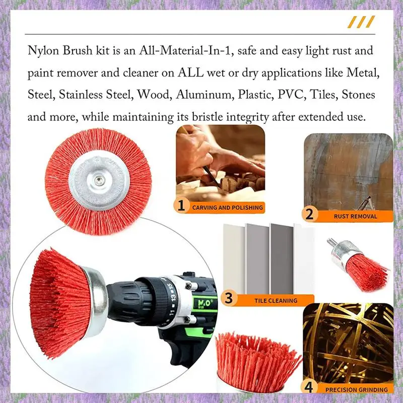 Juego de cepillos de copa y rueda de cepillo de alambre abrasivo de filamento de nailon de A63K-3 piezas con vástago de 1/4 de pulgada para eliminar óxido/corrosión/pintura