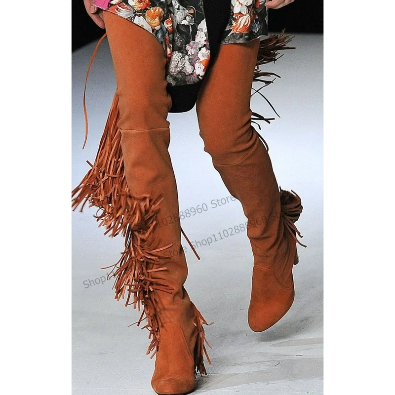 Over The Knee Orange Flock Fringe Decor Boots Chunky High Heel Women Shoes Slip-On Round Toe 2023 Fashion Zapatos Para Mujere