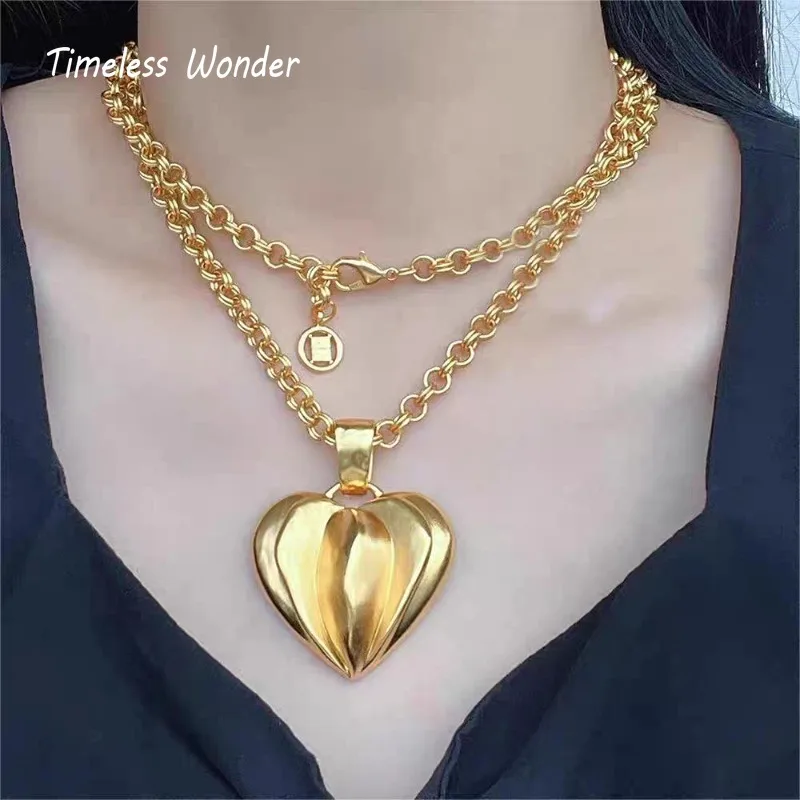 Timeless Wonder Fancy Brass Geo Heart Chains Necklace for Women Designer Jewelry Runway Goth Luxury Rare Sweet Set Top 5164