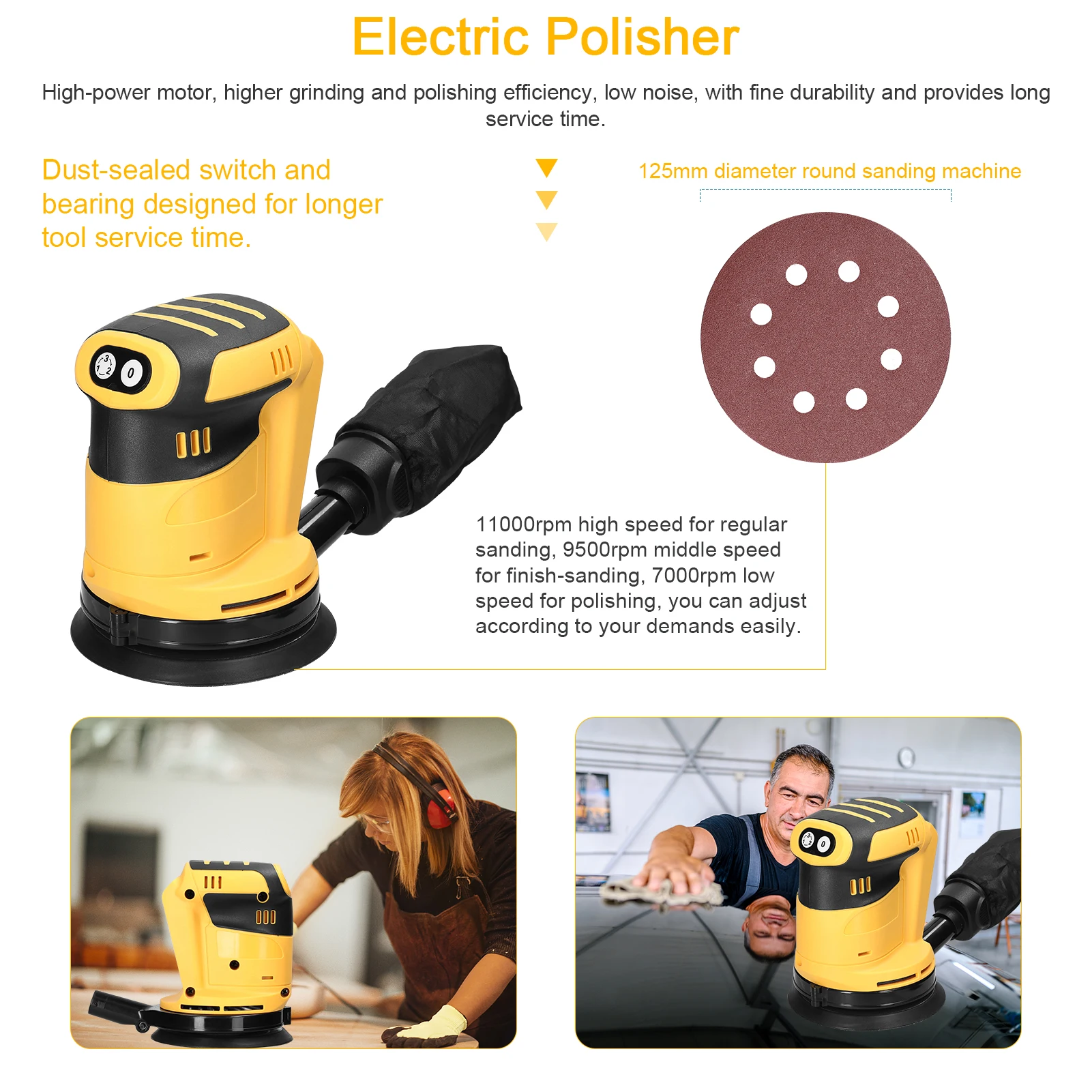 125 mm Orbital Sander Car Polisher Wood and Metal Polisher For Dewalt/Makita Battery Rechargeable Electric