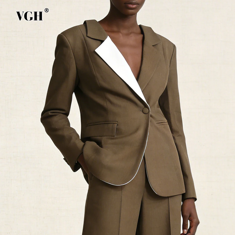 VGH Hit Color Temperament Commute Blazers For Women V Neck Long Sleeve Spliced Pocket Spring Elegant Jacket Female Fashion New
