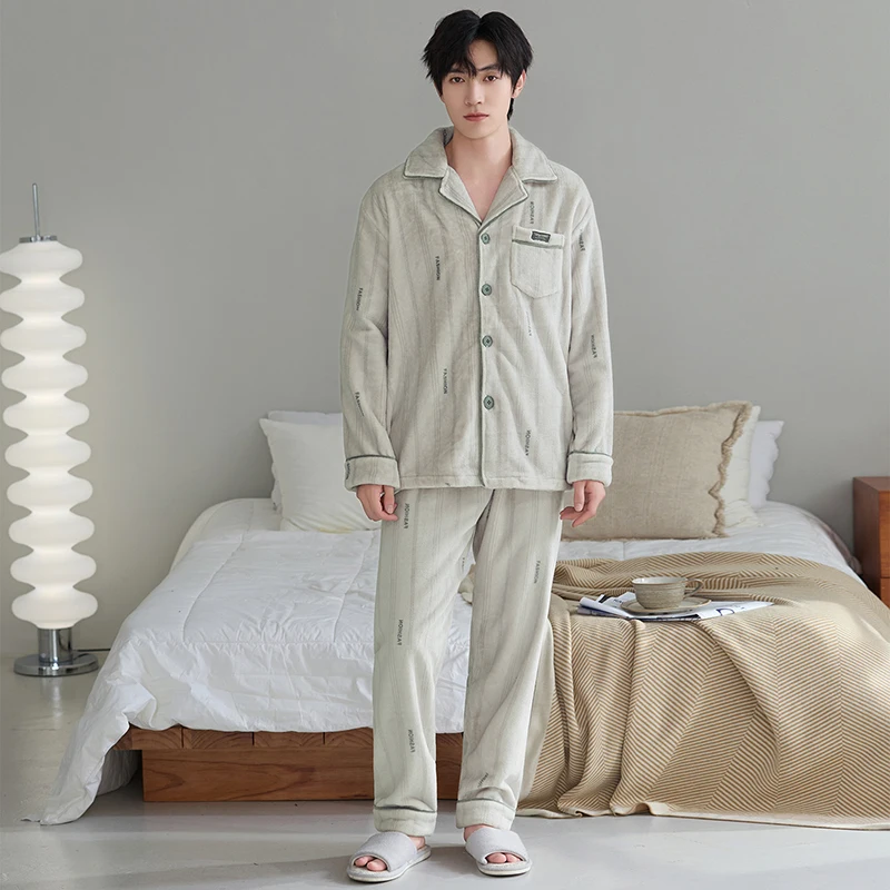 Winter Men Flannel Sleepwear Male Thick Warm Turn-down Collar Pijamas
