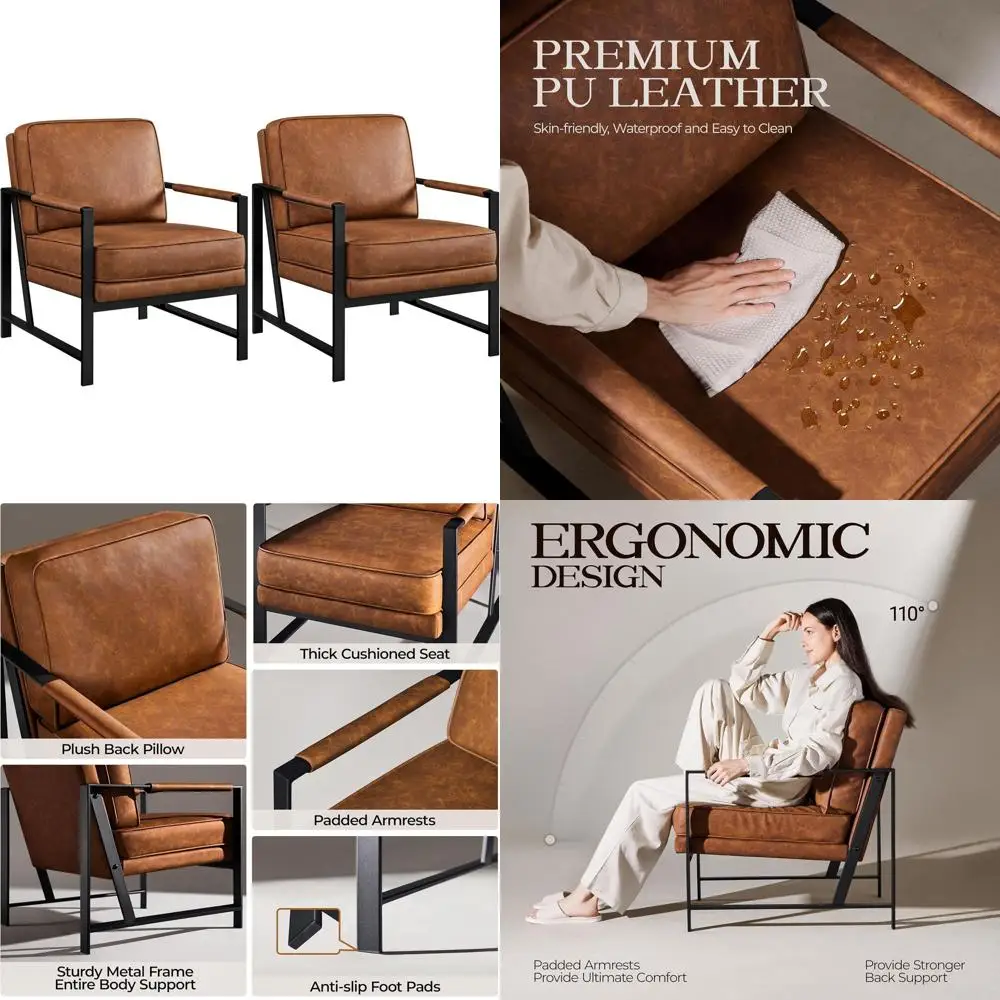 

Стул в стиле ретро из искусственной кожи с плюшевой подкладкой, 105 г. ° Наклонная спинка, идеально подходит для чтения или гостиной, набор из 2 шт., светло-коричневый