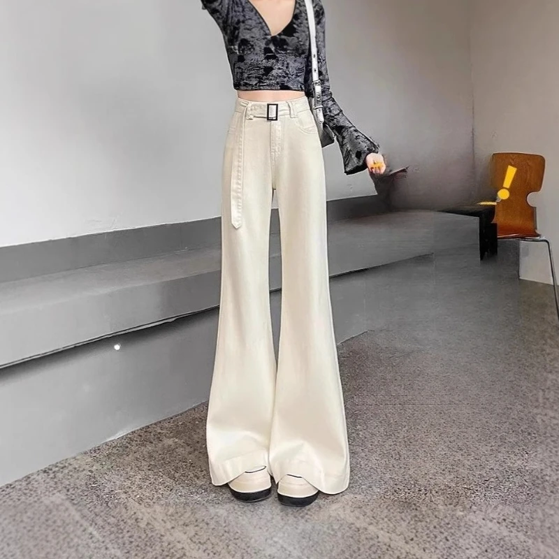 Pantaloni jeans bianchi a gamba larga Pantaloni larghi da donna con fascia a vita alta Pantaloni larghi lunghi coreani solidi streetwear Vintage