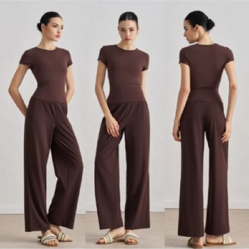 Summer 2025 Women's Yoga Sport T-irt ort Sve Fitn Running Casual Wide Leg Pants Set Breathable Waist-Cinching