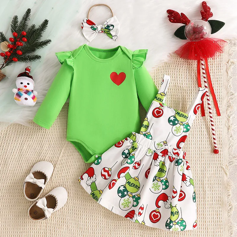 2024 New 3pcs Baby Bodysuit Set Christmas Day Toddler Cute Jumpsuit + Balloon Strap Skirt+ Hair Band Infant Outfit