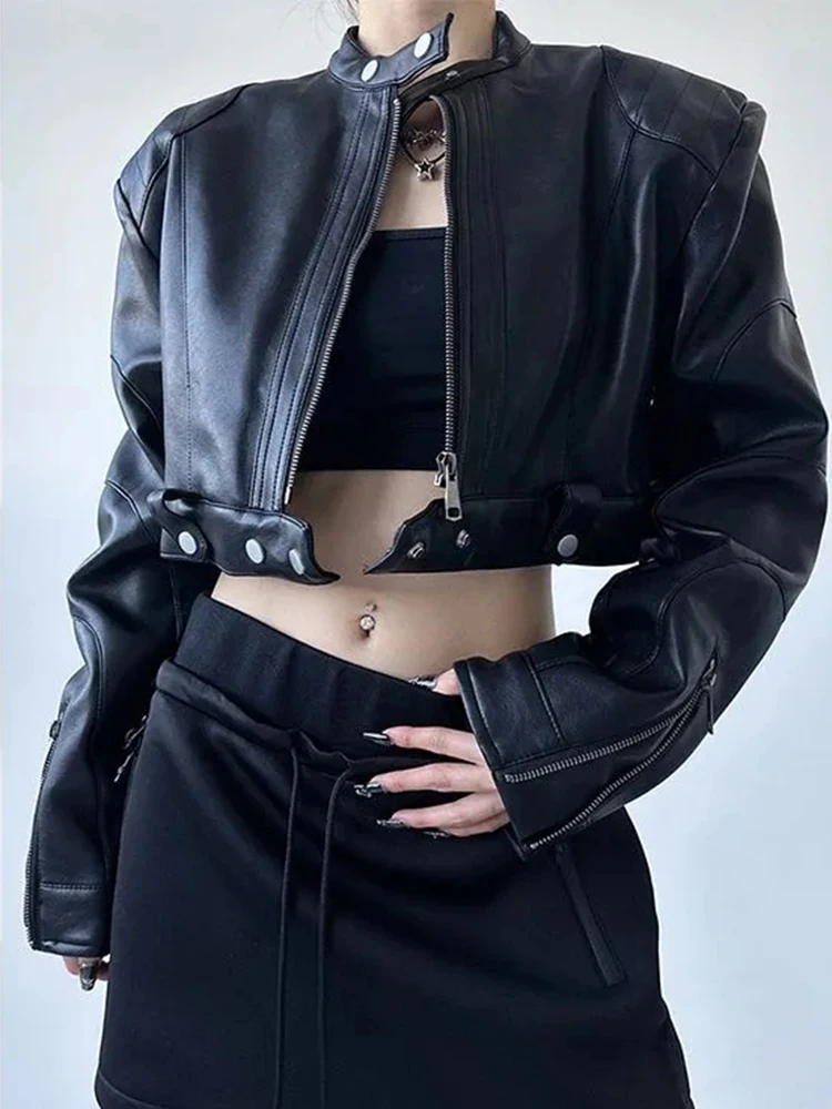 

Streetwear Cropped Pu Jackets Women Vintage Long Sleeve Sexy Slim Biker Short Coat Harajuku Retro Casual O Neck Bf Outwear Tops