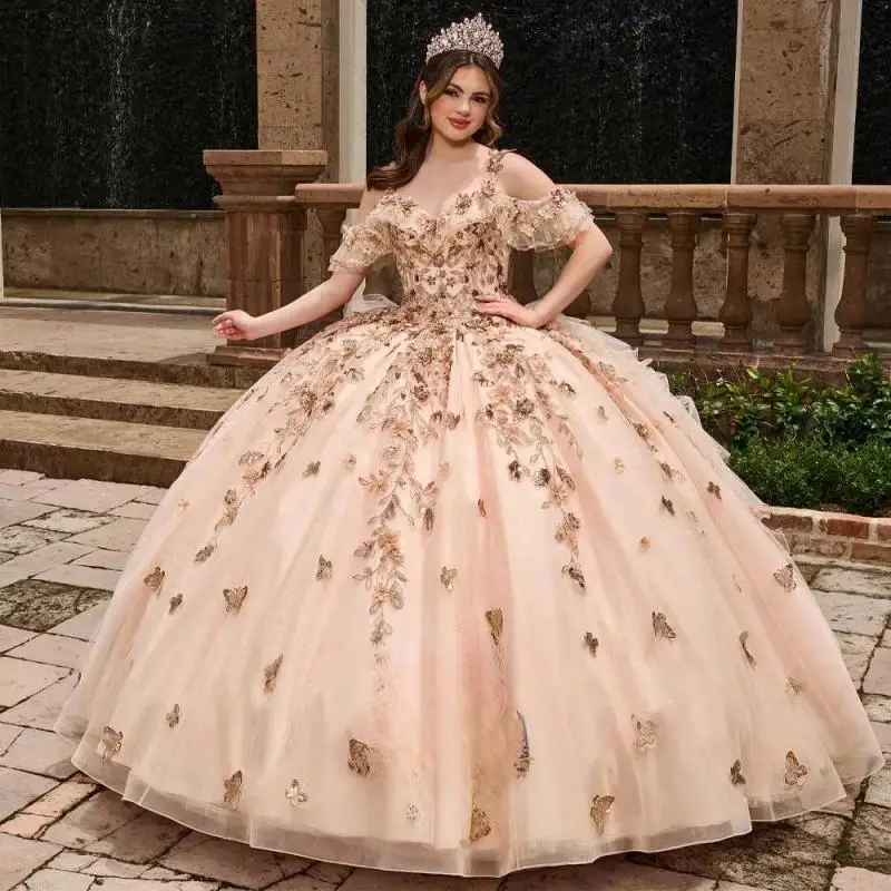 

Изысканное Тюлевое платье Quinceanera с аппликацией корсет на тонких бретельках с открытыми плечами Vestido De 15 на заказ