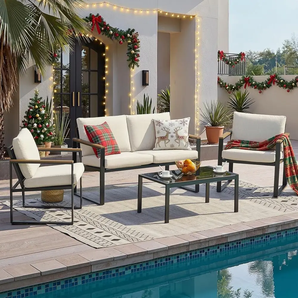 

4-Piece Metal Outdoor Patio Furniture Set with Sectional Conversation Area, Wooden Armrests, Sling Mesh, and 4 Olefin Cushions