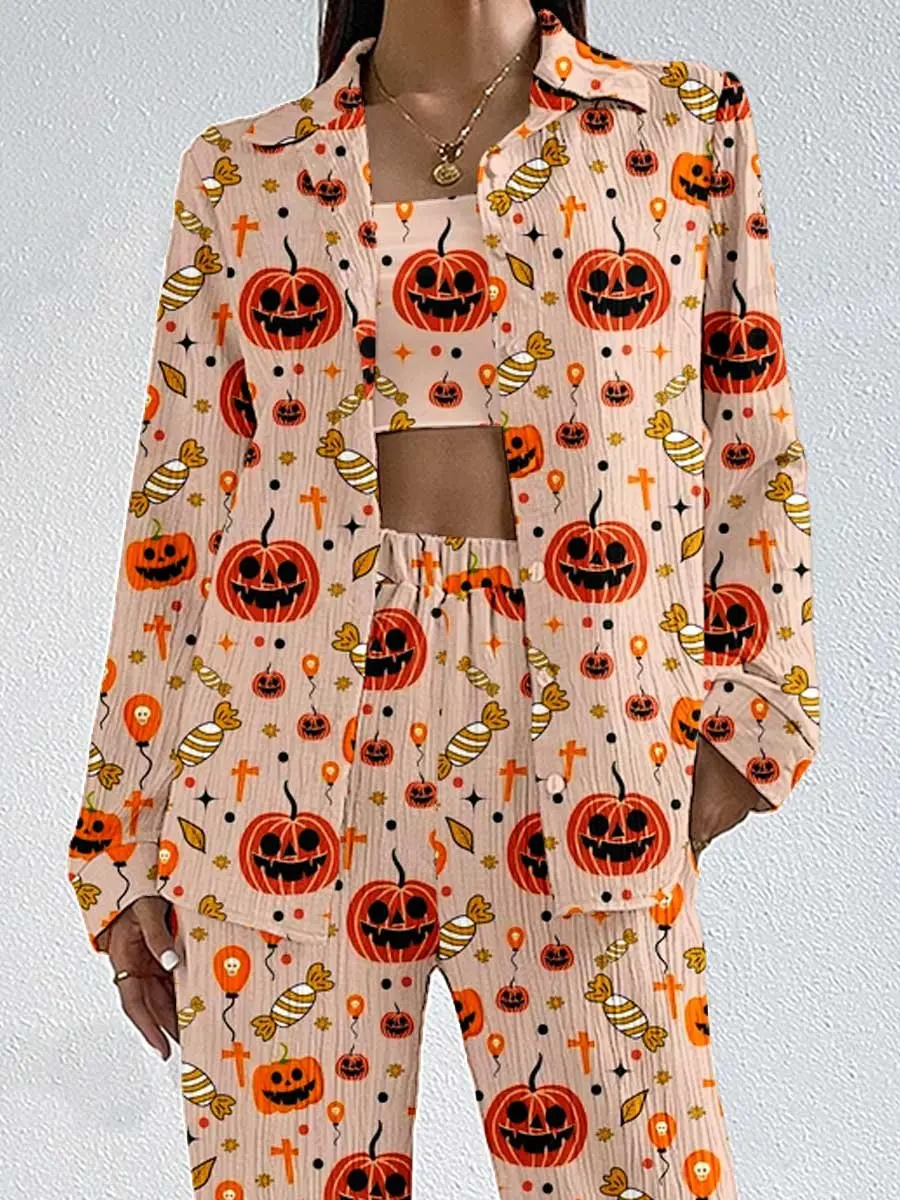 Women s Halloween Pajama Set Ghost Witch Print Long Sleeve Top with Matching Bottoms Sleepwear Loungewear Costume