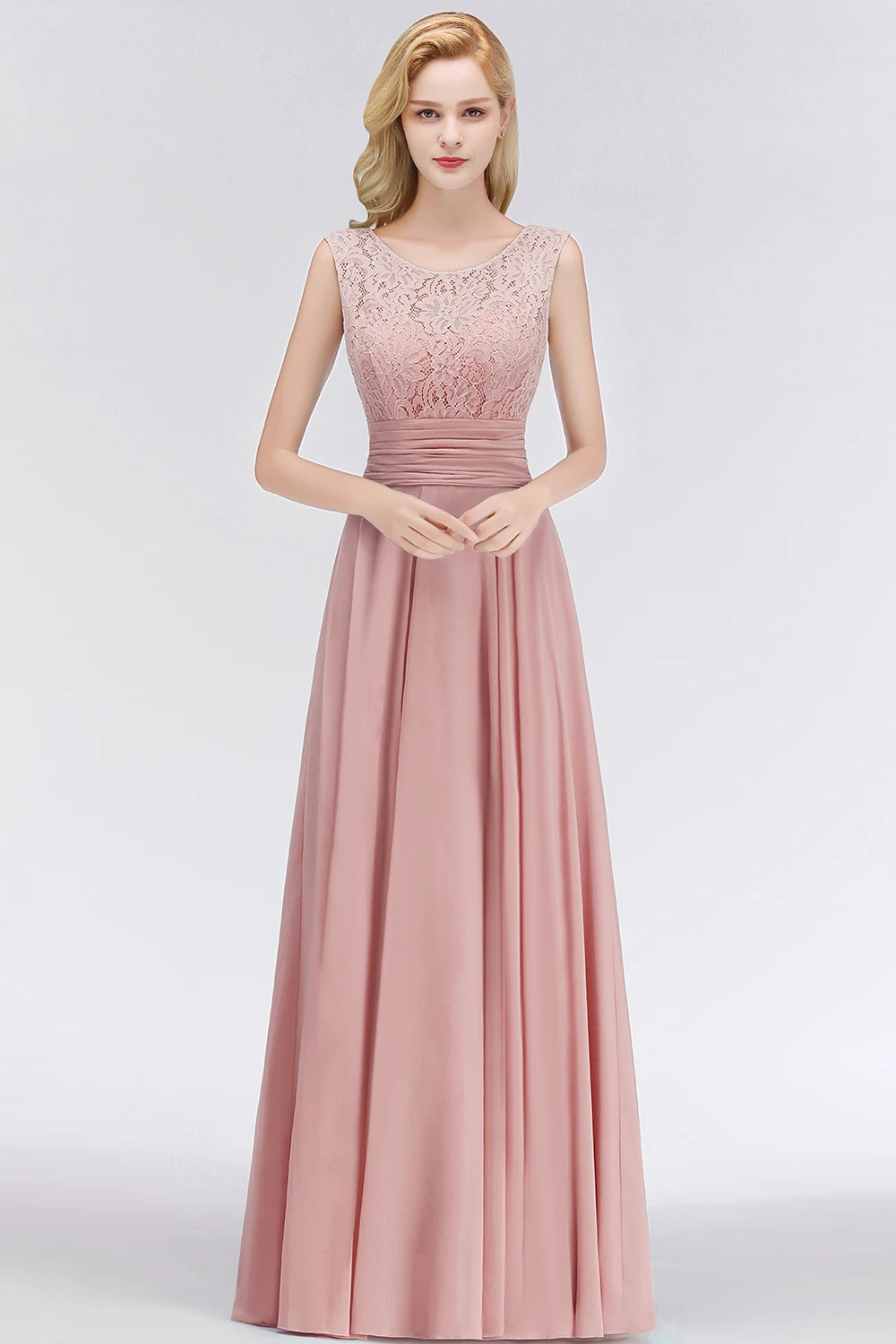 Bean Pink Bridesmaid Dresses Floral Lace O-Neck Sleeveless V-Backless Evening Dress Chiffon Pleated Waist A-Line Long Party Gown