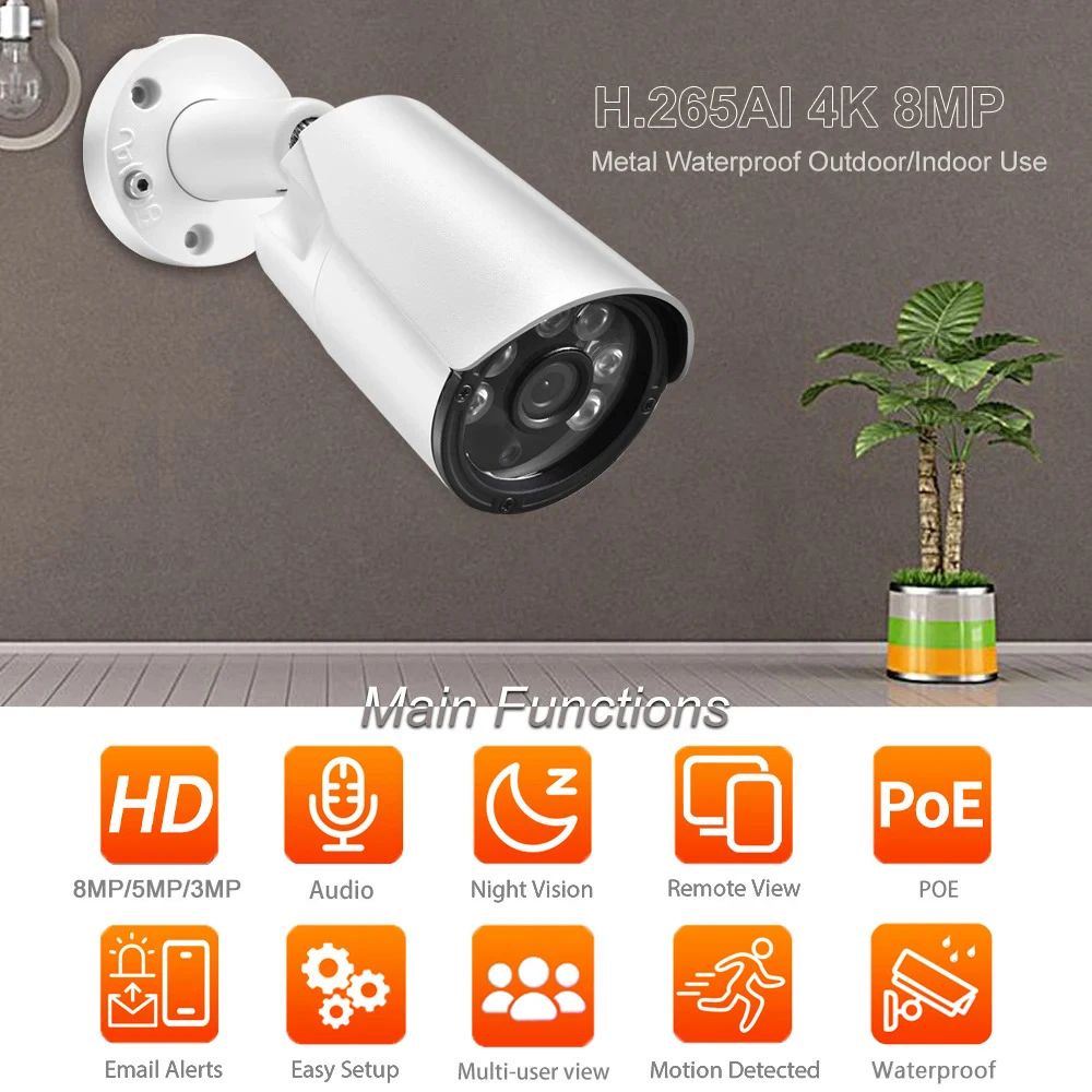 8MP 4K IP Camera 5MP 4MP Outdoor Waterproof H.265+ Bullet CCTV IR Night Vision Metal Camera Poe Video Surveillance Camera