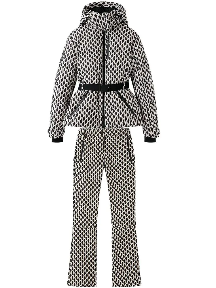 2025 المرأة الشتاء مقنعين مبطن الرياضة سترات السراويل 2 قطعة مجموعة حزام الإناث أنيقة الدافئة يندبروف التزلج معاطف جاكيتات بنطلون