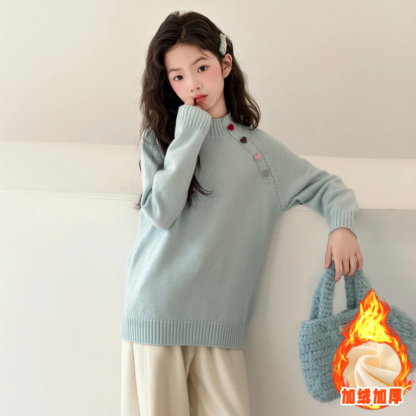2025 New Autumn and Winter Solid Color lace Ragsleeved Sweater for Girl Elegant Round Neck Button Kid Knitted Fleece Sweater ﻿