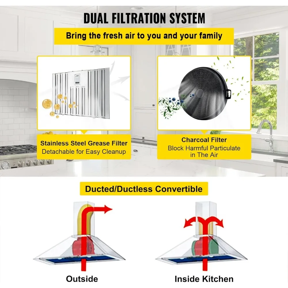 Capa de faixa de inserção de aço inoxidável, ventilação de cozinha embutida com toque, 900CFM, 4 velocidades, 36 em