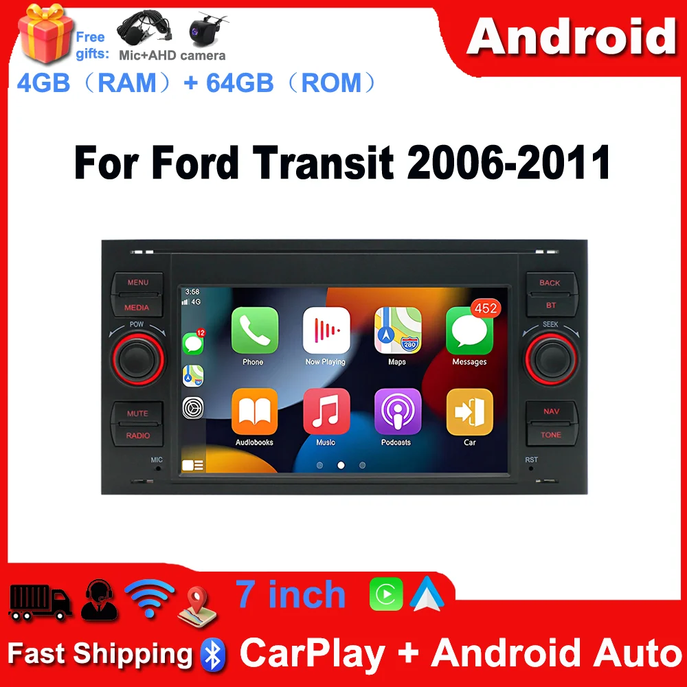 Autoradio Android 13 con 4+64G per Ford Transit 2006-2011, supporta Carplay Wireless e Android Auto, 7 pollici, con GPS, WiFi, Bluetooth, FM, SWC, Mirror Link, schermo diviso + telecamera di