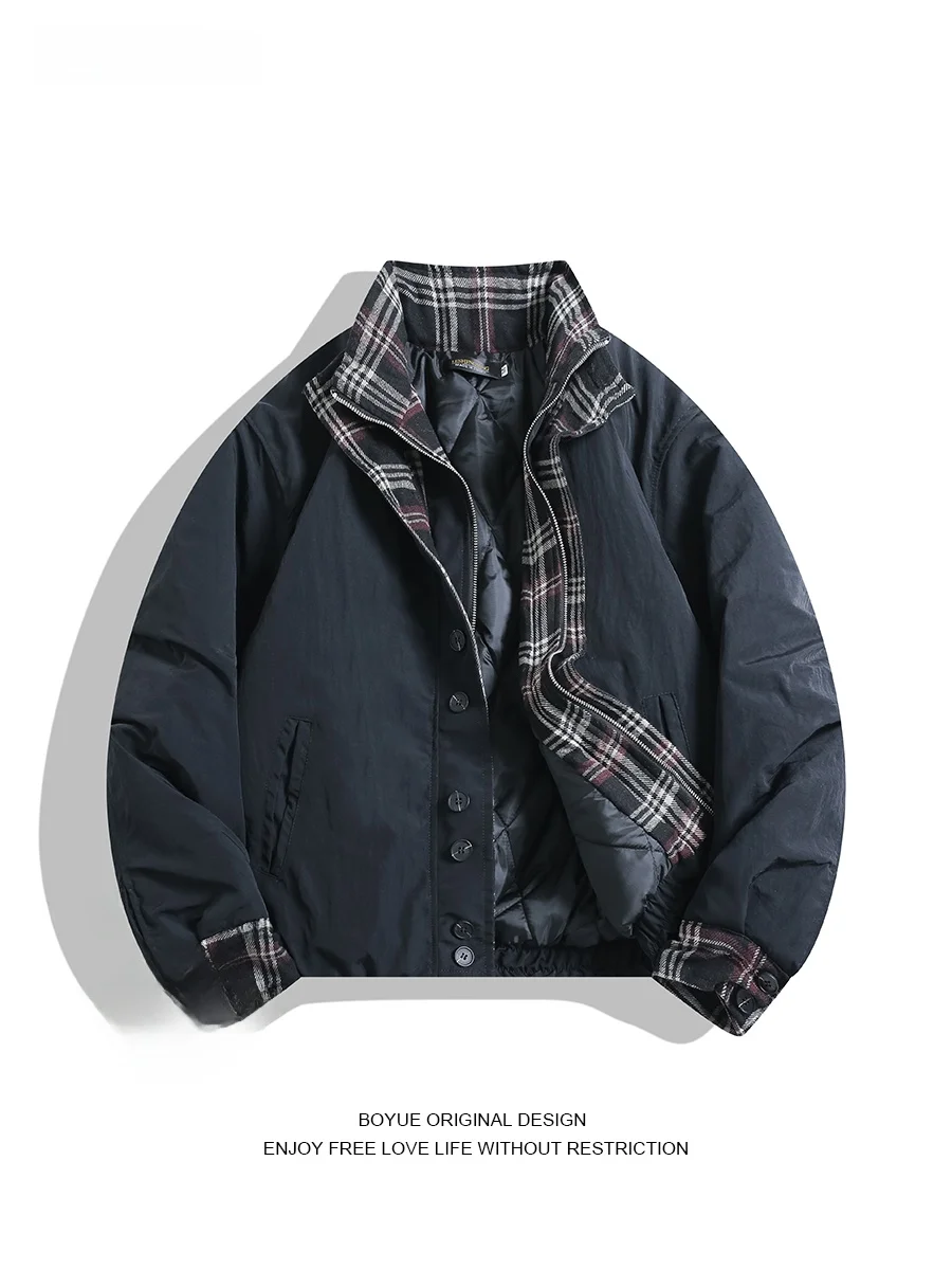 

Boyue American Plaid Splicing Thiened Men's Pilot Jaet Casual Versatile Faionable Cotton Clothes for Young People